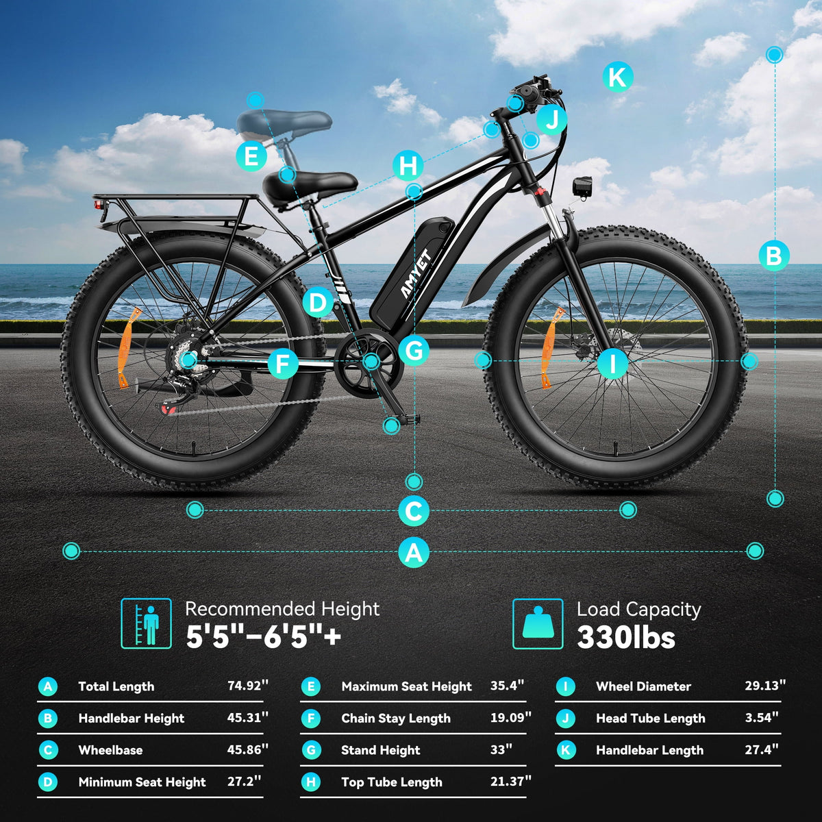 AMYET EB26 Electric Bike for Adults, 26*4.0 Fat Tire E-Mountain Bicycle,Peak 1500W Motor 48V 15Ah 7-Speed Ebike UL2849