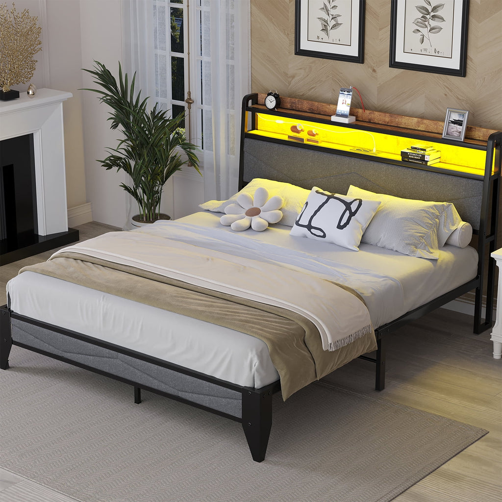 Meteorleg Twin Size Bed Frame with Storage Headboard & Charging Station,Platform Metal Bed Frame with RGB Lights,Grey