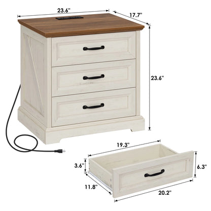 Hommpa Farmhouse 3 Drawers Nightstand with Charging Station, Rustic Wood Night Stand with Drawers for Bedroom, Vintage Bedside Table Small Dresser Chest of Drawers for Living Room, White