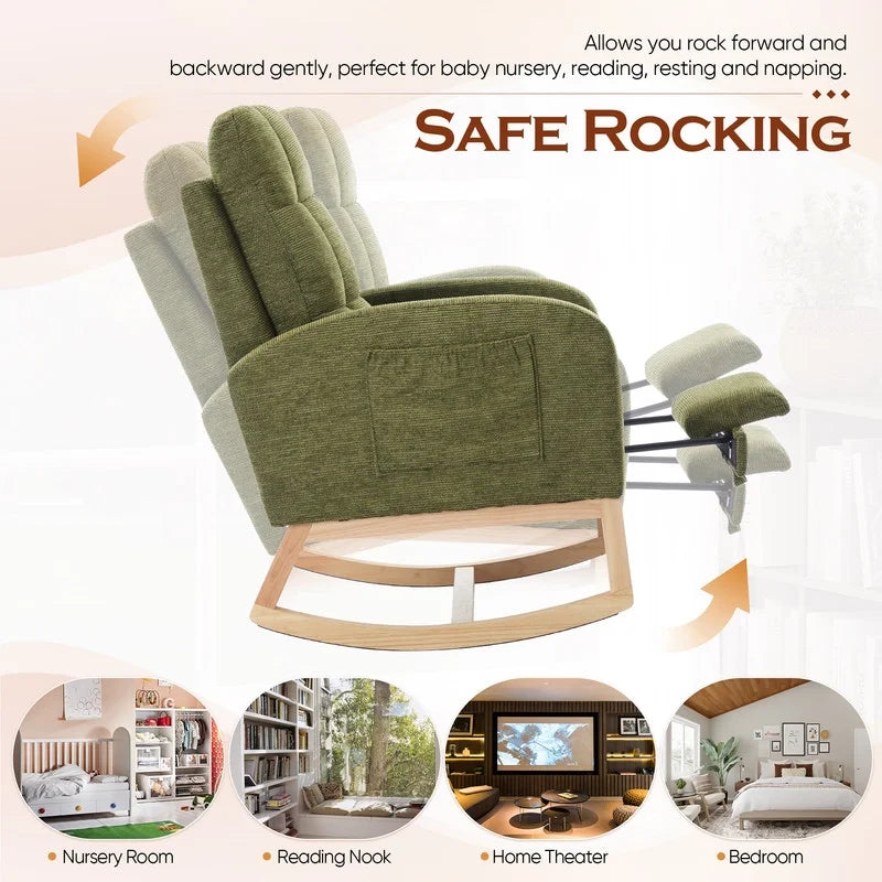 FFH Rocking Chair Nursery, Tufted Accent Rocker Chair, Upholstered Armchair with Adjustable Footrest, Side Pocket, High Backrest, Padded Seat, Polyester Blend (Retro, Dark Gray)