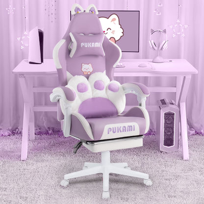Waleaf Pink Gaming Chair with Cat Paw Lumbar Cushion and Cat Ears for Girls, Reclining Office Computer Chair with Footrest for Adults, Teens