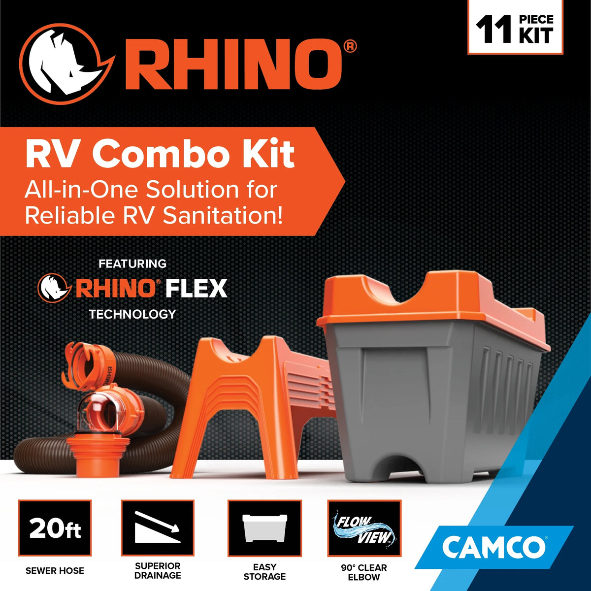 Camco Rhino 12-Piece RV Sewer Kit for Camping, 20-Ft Sewer Hose & Storage Box, 1 Pack - Orange (43075)