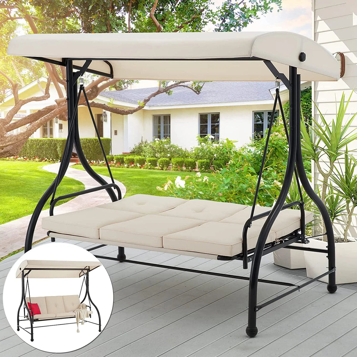AECOJOY 3 Person Canopy Steel Porch Swing, Converting Swing Glider Hammock-Beige