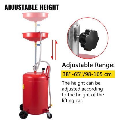 VEVOR Waste Oil Drain Tank 20 Gallons Portable Air Operated Drainer, Container, Fluid Fuel Transfer Drainage, Adjustable Funnel Height, with Wheel