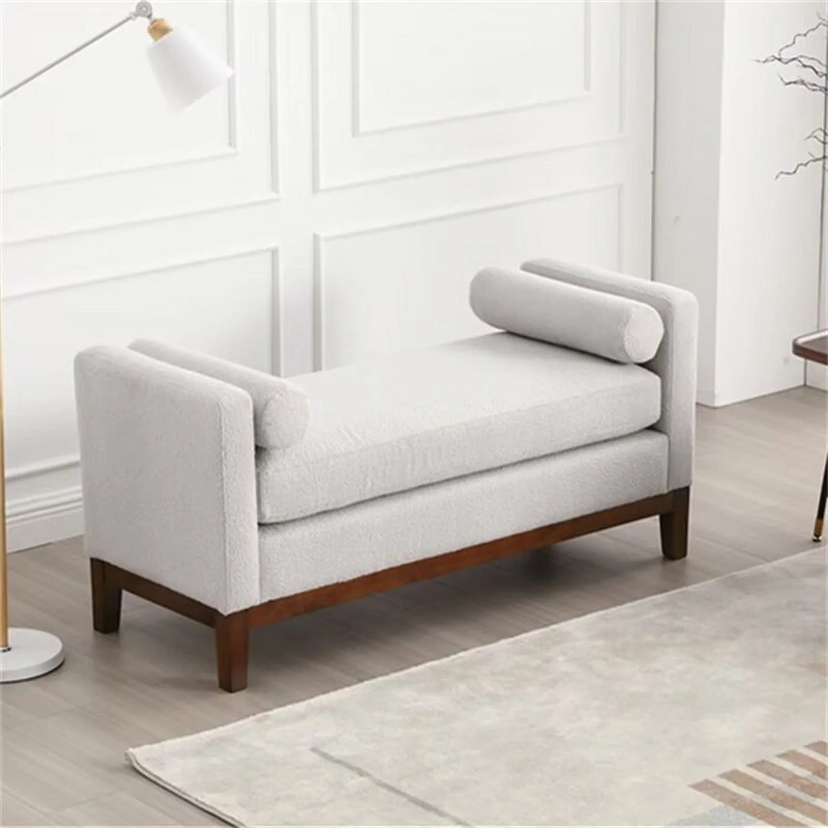End of Bed Bench, 53.5" Boucle Fabric Upholstered Entryway Bench with Wood Legs & Bolster Pillows, Rolled Arm Cushioned Ottoman Foot Rest Long Stool Window Extra Seating for Bedroom, Ivory
