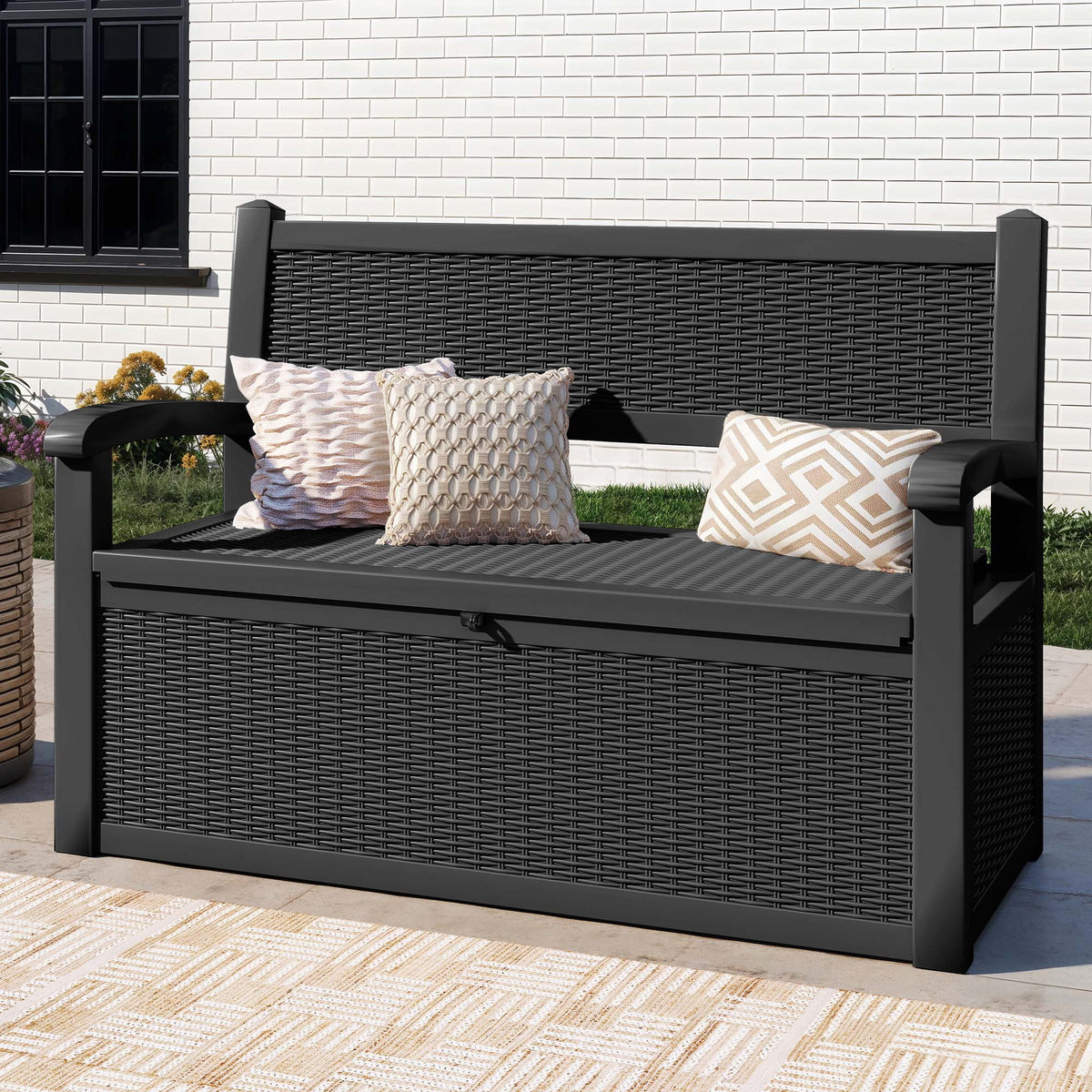 ModFusion 70-Gallon Outdoor Resin Storage Cabinet with Rattan Backrest �C Waterproof Patio Bench Seat, 500 lbs Capacity, Black