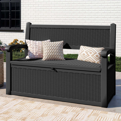 ModFusion 70-Gallon Outdoor Resin Storage Cabinet with Rattan Backrest �C Waterproof Patio Bench Seat, 500 lbs Capacity, Black