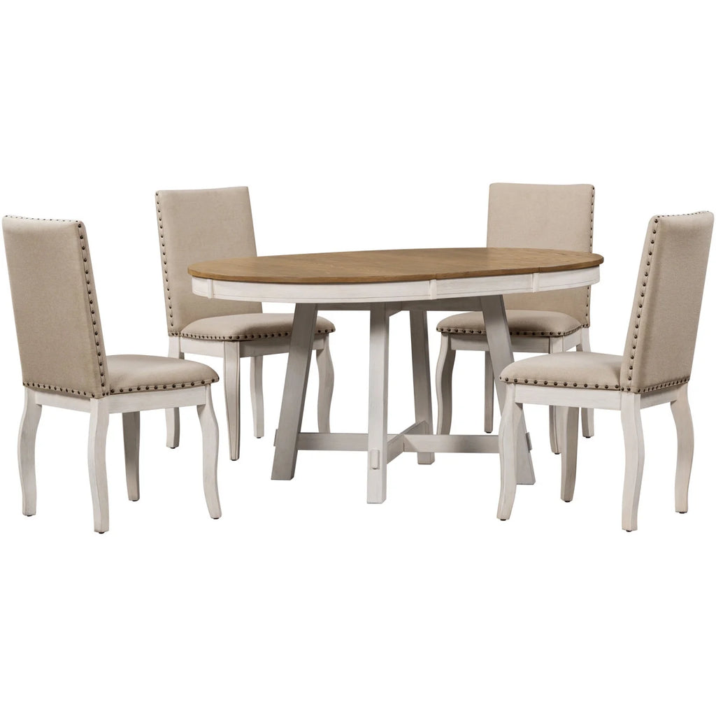 Harper & Bright Designs Round Extendable Dining Table Set for 4, 5 Piece Farmhouse Wood Dining Table Set with 4 Upholstered Dining Chairs, Natural Wood Wash