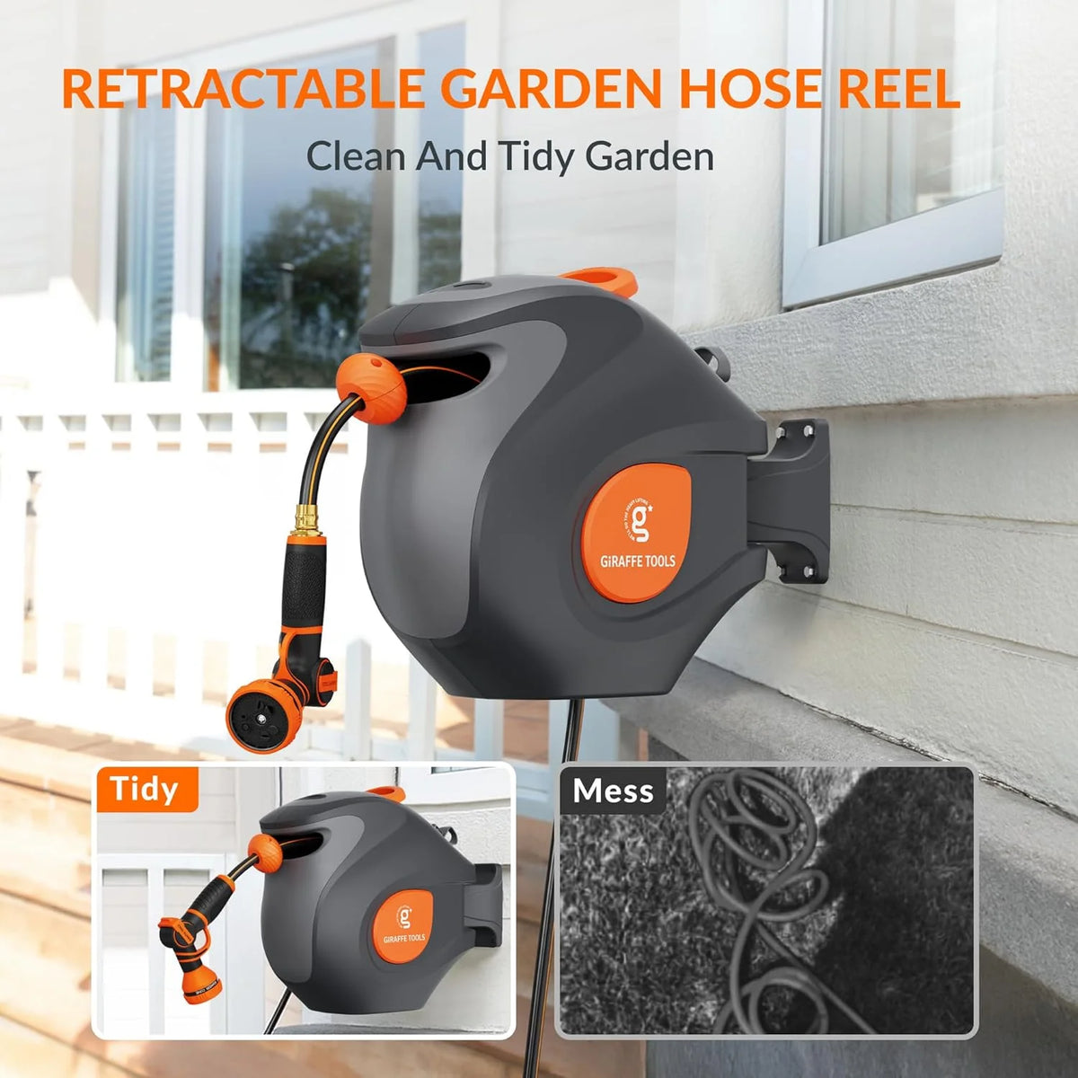 Giraffe Tools Retractable Garden Hose Reel with 1/2in-100ft Water Hose, Plastic Bracket, Wall Mounted, Dark Grey
