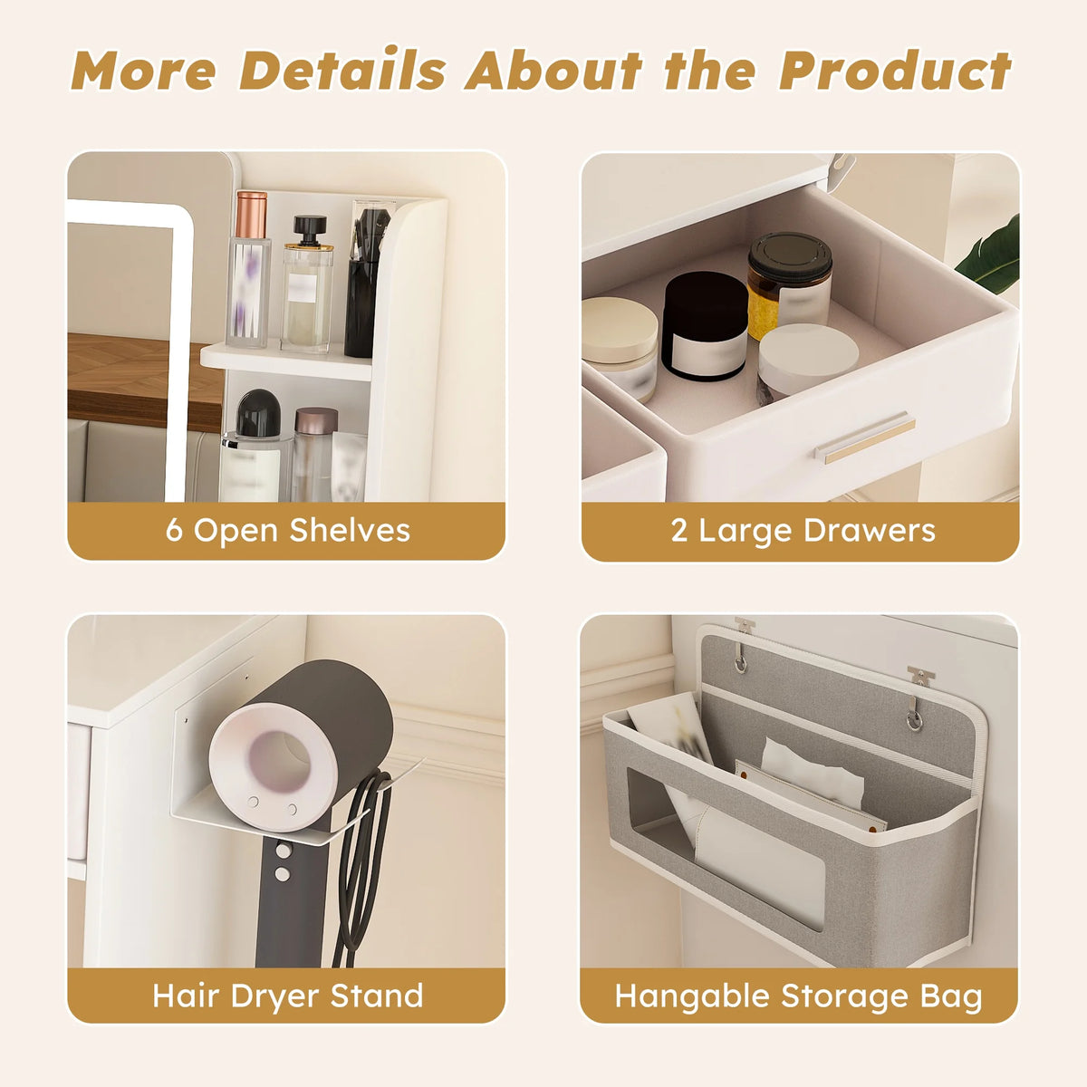 Montary Modern Mini Vanity w/Adjustable LED Mirror + Hidden Storage, Padded Stool & Dustproof Shelves (White)