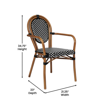 Merrick Lane Stacking Thonet French Bistro Style Chair with Arms, Black & White PE Rattan Seat, and Bamboo Finished Metal Frame for Indoor/Outdoor Use