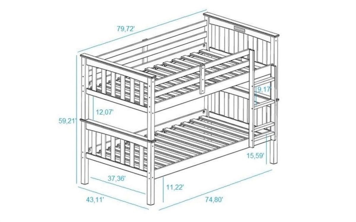 Solid Wood Sturdy Twin Over Twin Bunkbed with Ladder and Safety Rail Grey