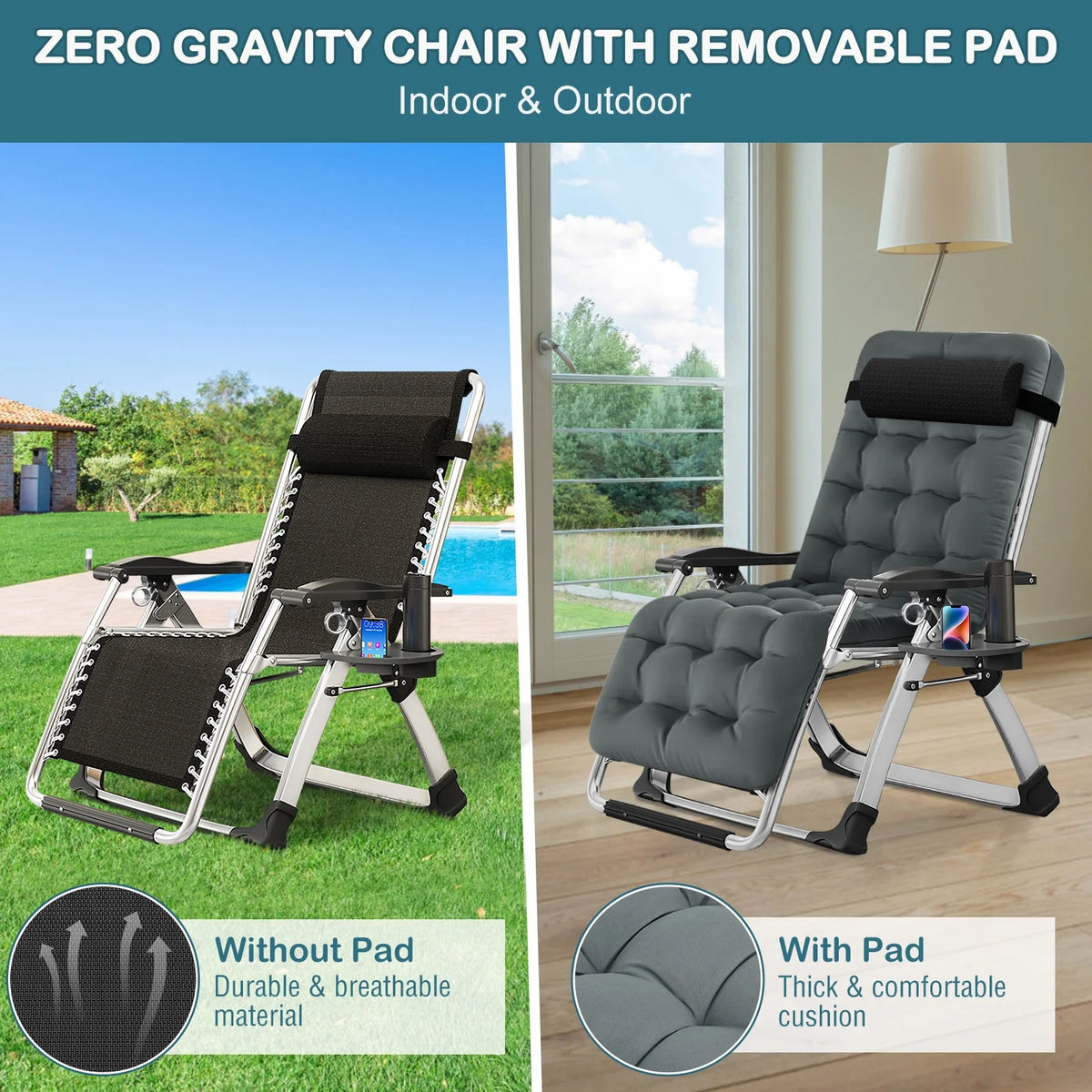 NAIZEA Zero Gravity Chair with Removable Cushion and Cup Holder Black