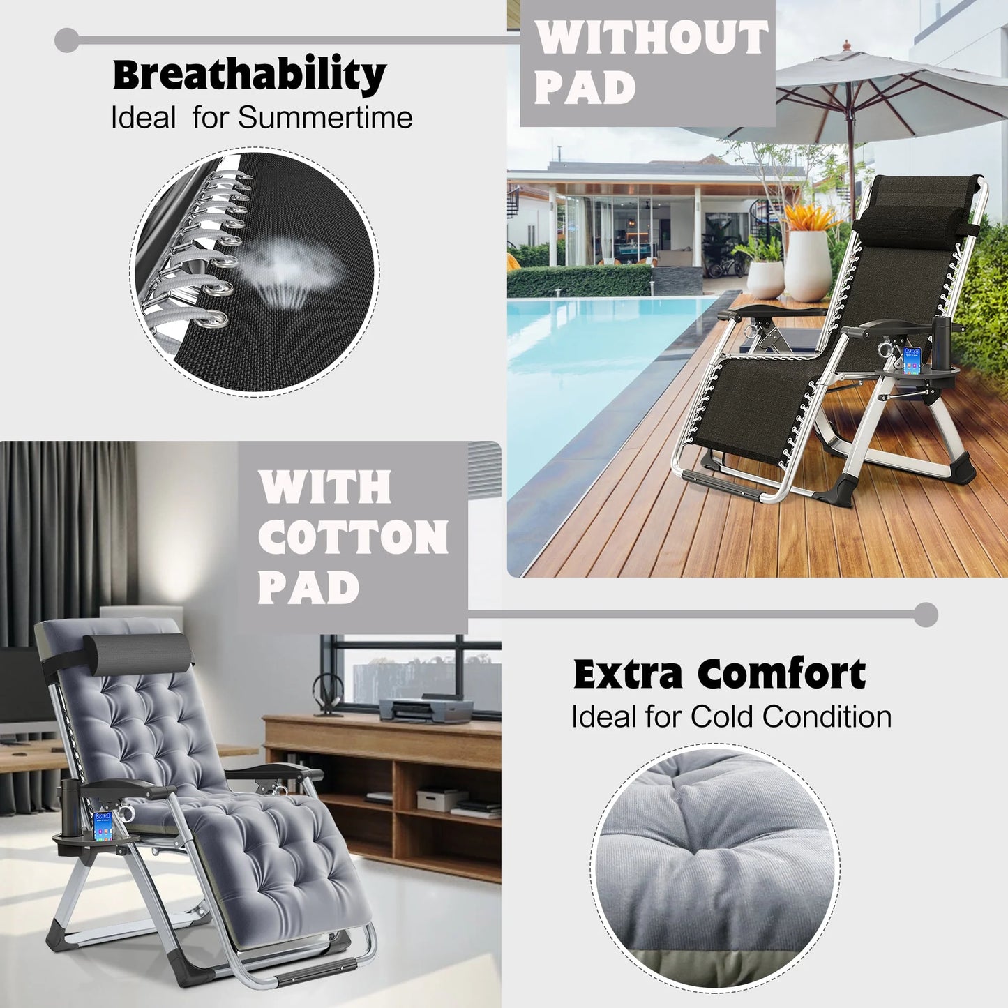 NAIZEA 2 Pack Zero Gravity Chair, Foldable Portable Lawn Recliner with Cushion, Headrest, Cup Holder, Black
