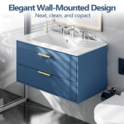 Advwin 30" Wall Mounted Bathroom Vanity with Ceramic Sink, Modern Floating Bathroom Storage Cabinet with Sensor Light & 2 Extra Large Drawers, White