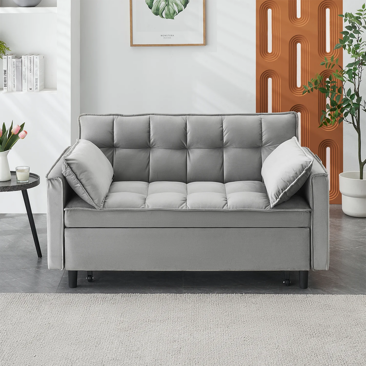 Adjustable Back Velvet Futon Sofa Bed, Modern Convertible Couples Sleeper with Side Pockets, Fold Down Couch for Living Room, Apartment,Blue