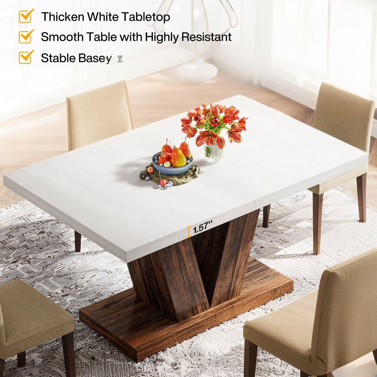Finmind 47-inch Dining Table for 4 to 6, Farmhouse Wood Kitchen Table for Dining Room, White