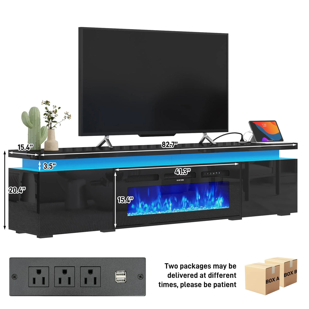 LED TV Stand for up to 85" TVs with Power Outlet, 75" Large Entertainment Center Console Table Gaming Soundbar Shelf with 2 Storage Cabinets