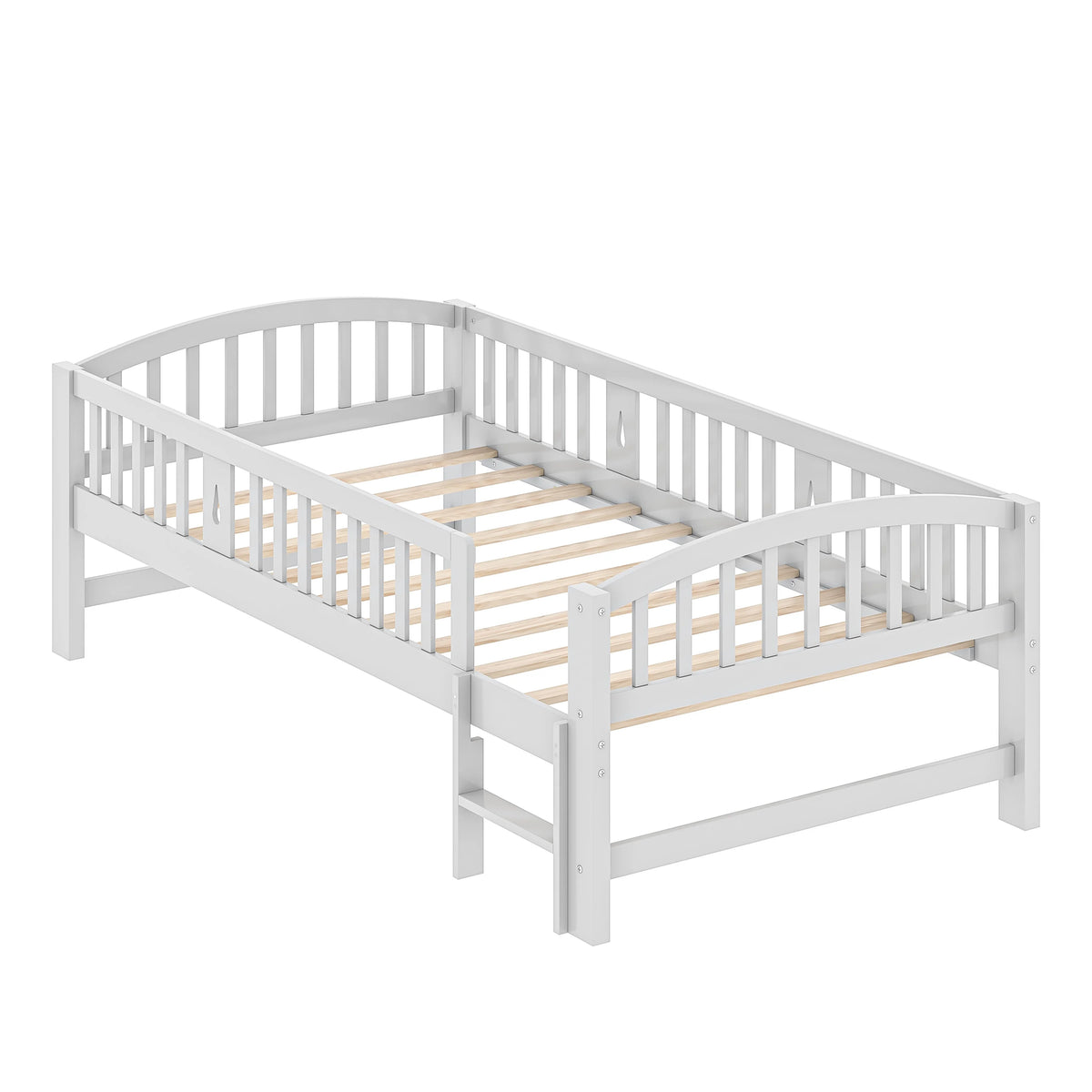 SESSLIFE Twin Size Platform Bed, Solid Wood Twin Bed Frame with Slats, Fence Guardrail Ladder, Twin Floor Bed with Strong Legs for Boys Girls, No Box Spring Needed, Holds 400 lbs, White