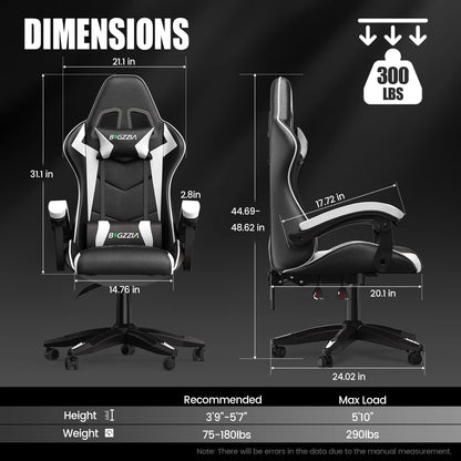 Bigzzia Gaming Chair Office Chair, Ergonomic Game Chair with Height Adjustable Headrest and Lumbar Support for Adults Teens, Black & White