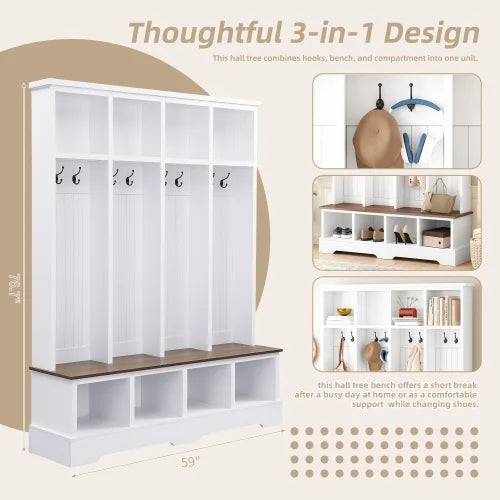 Farmhouse Hall Tree with Bench, 59" Wide Entryway Organizer with 8 Hooks & Storage Compartments, Modern Coat Rack & Shoe Bench for Mudroom,White