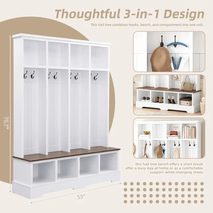Farmhouse Hall Tree with Bench, 59" Wide Entryway Organizer with 8 Hooks & Storage Compartments, Modern Coat Rack & Shoe Bench for Mudroom,White