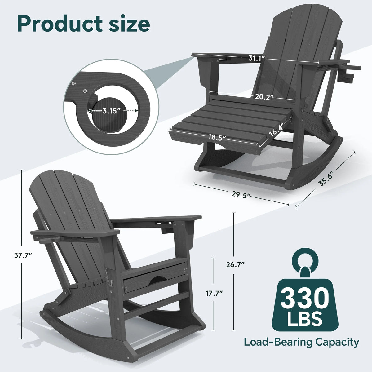 KINGYES Folding Adirondack Rocker Chair Set of 2 W/ Footrest & Dual Cup Holders, HDPE Outdoor Patio Rocking Chair, Black