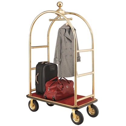 Gold Stainless Steel Bellman Cart Curved Uprights 8" Pneu. Casters, 41-1/4"L x 24"W x 75"H