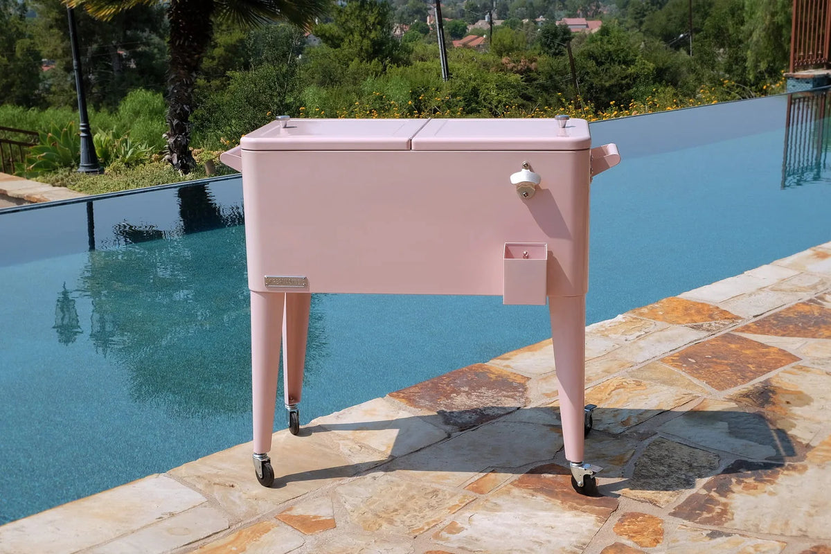 Permasteel 80-Qt Classic Outdoor Steel Patio Cooler on Wheels, Beverage Rolling Cart, Pink