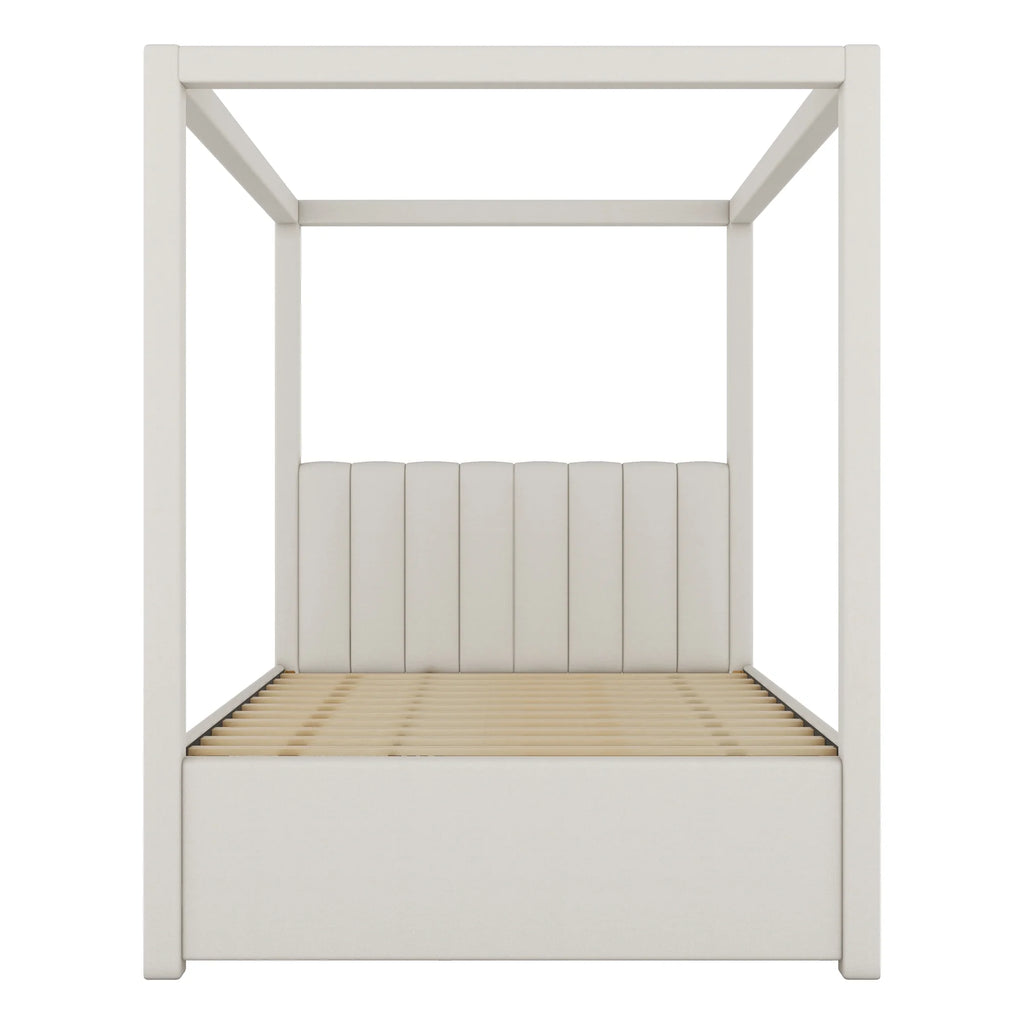 EUROCO Upholstered Full Size Canopy Bed Frame with Trundle Bed and 3 Drawers, Platform Bed with Headboard for Kids Teens Adults, Beige