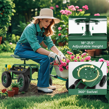 Costway Garden Cart Rolling Work Seat for Planting with Extendable Handle Green