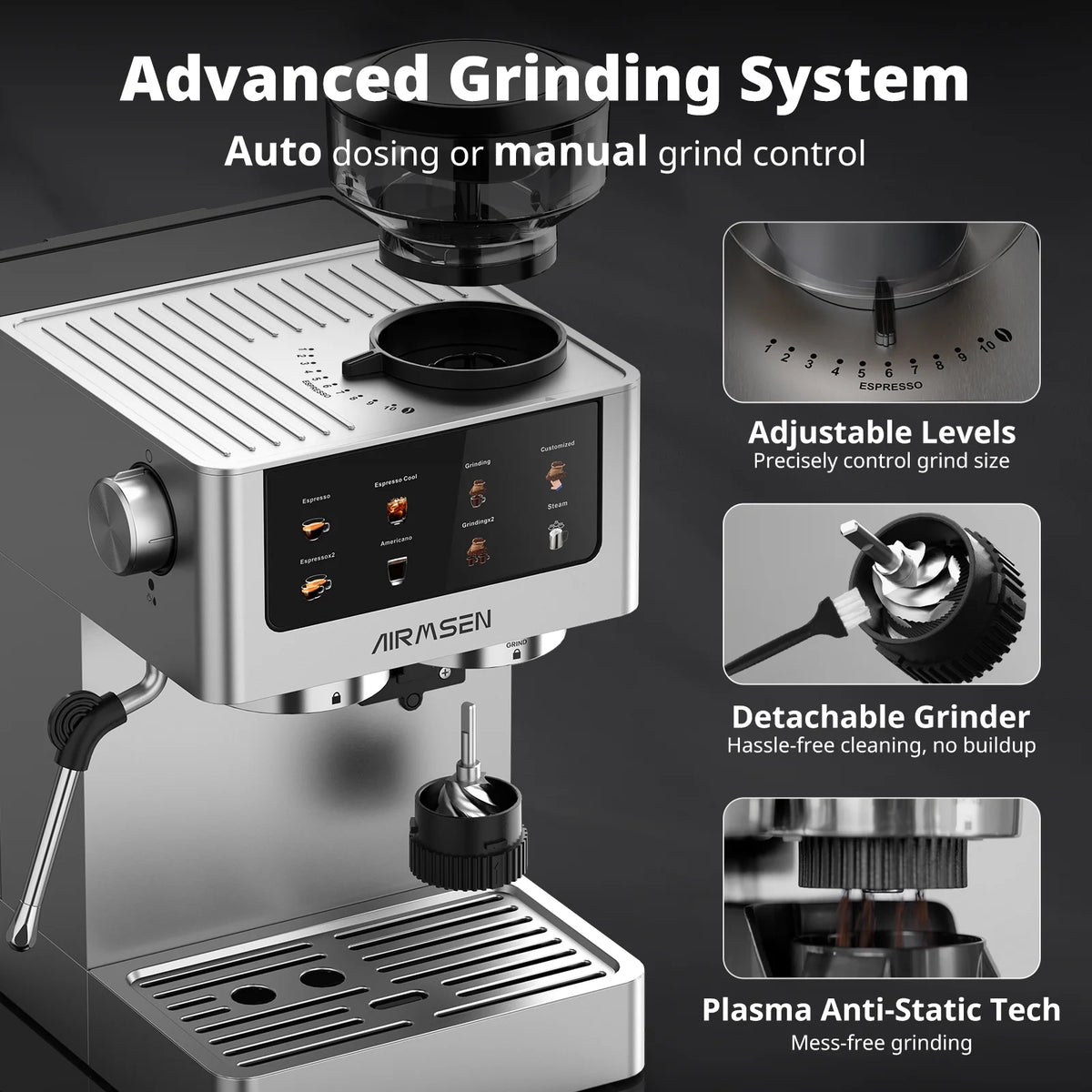 AIRMSEN Espresso Machine with Grinder, Espresso Coffee Machine with Customized Grind Amount & Coffee Volume, Cold Brew Coffee Maker for Cappuccino Latte Americano, Brushed Stainless Steel