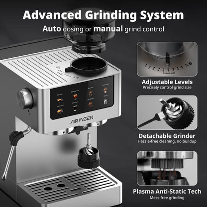 AIRMSEN Espresso Machine with Grinder, Espresso Coffee Machine with Customized Grind Amount & Coffee Volume, Cold Brew Coffee Maker for Cappuccino Latte Americano, Brushed Stainless Steel