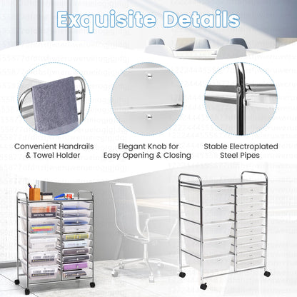 Costway 15 Drawer Rolling Storage Cart Tools Scrapbook Paper Office School Organizer White