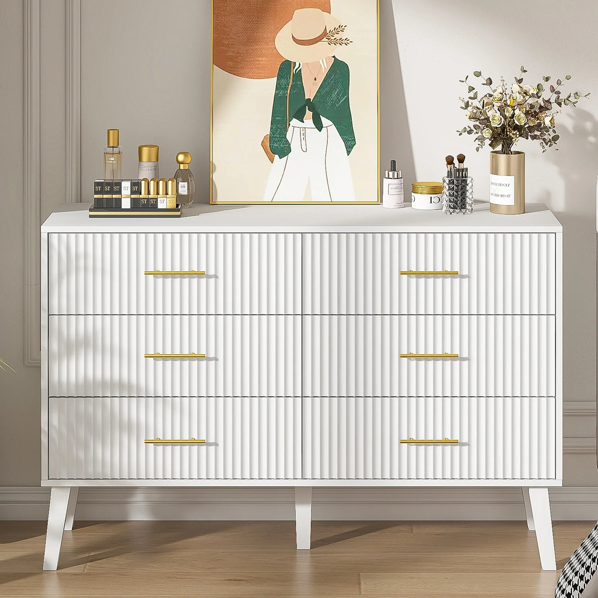 Fluted 6 Drawers Dresser, Wide Modern Chest of Drawers, 6 Drawer Double Dresser