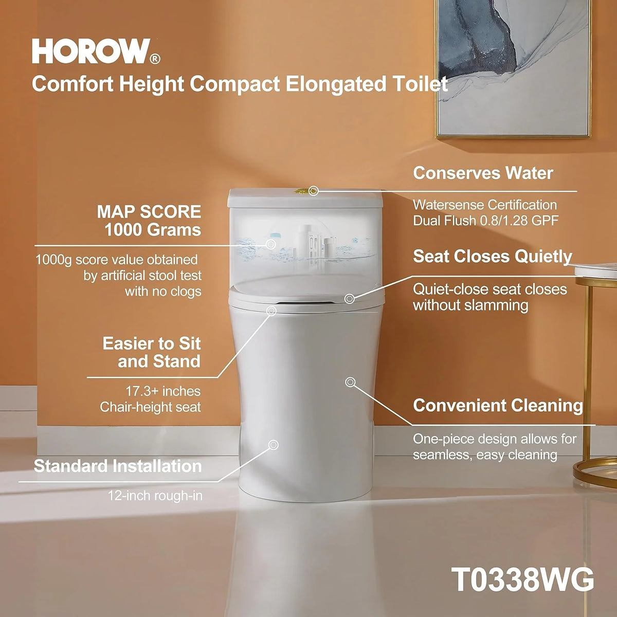 HOROW Compact One Piece Toilet with Comfort Seat ADA Height 17.3" Elongated Dual Flush 0.8/1.28 GPF