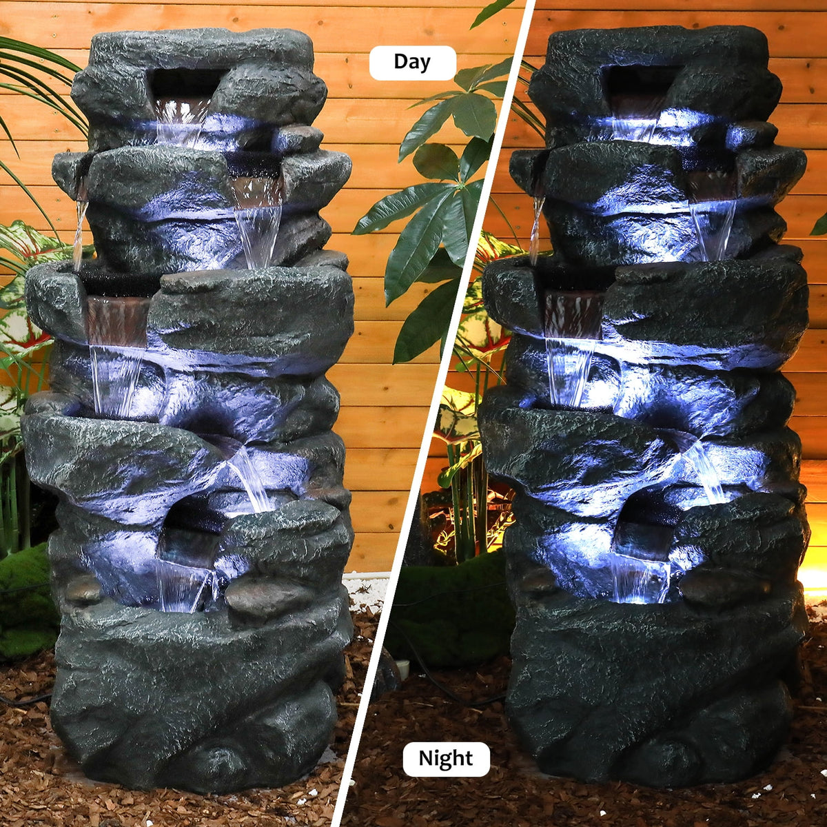 SunJet 40.5" Rock Water Fountain w/LED Lights - Outdoor 6-Tier Waterfall Fountain  for Garden Decor