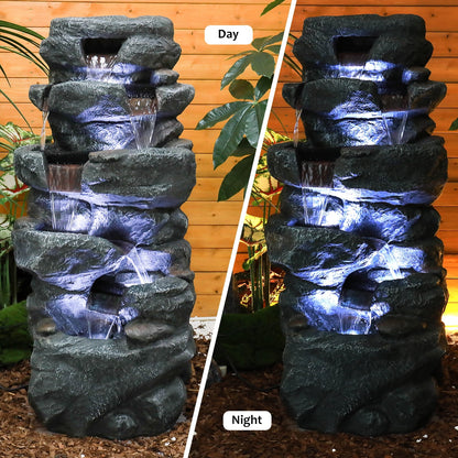 SunJet 40.5" Rock Water Fountain w/LED Lights - Outdoor 6-Tier Waterfall Fountain  for Garden Decor