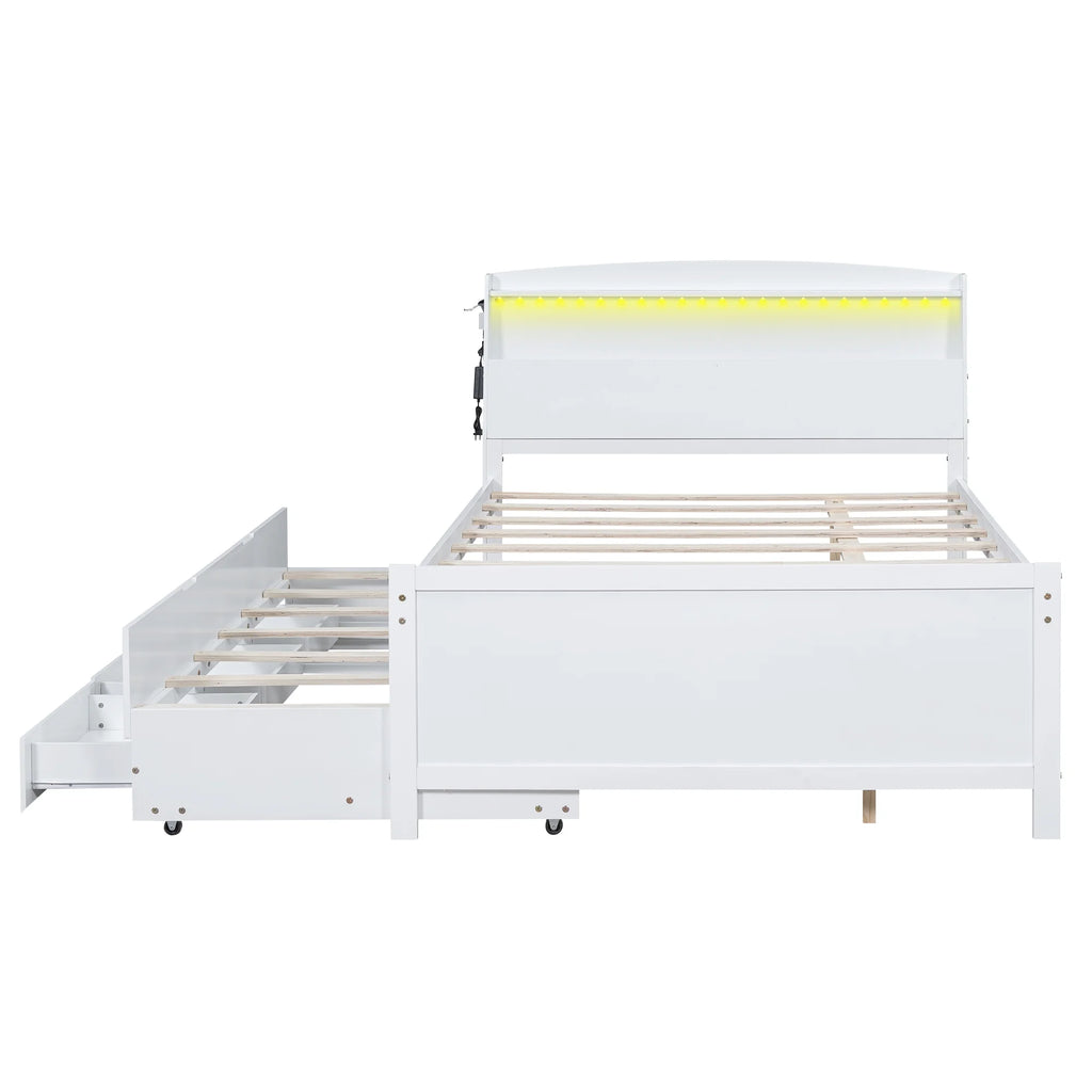 Euroco Wood Twin Size Platform Bed with Storage Headboard, Drawers Trundle and LED Light, White