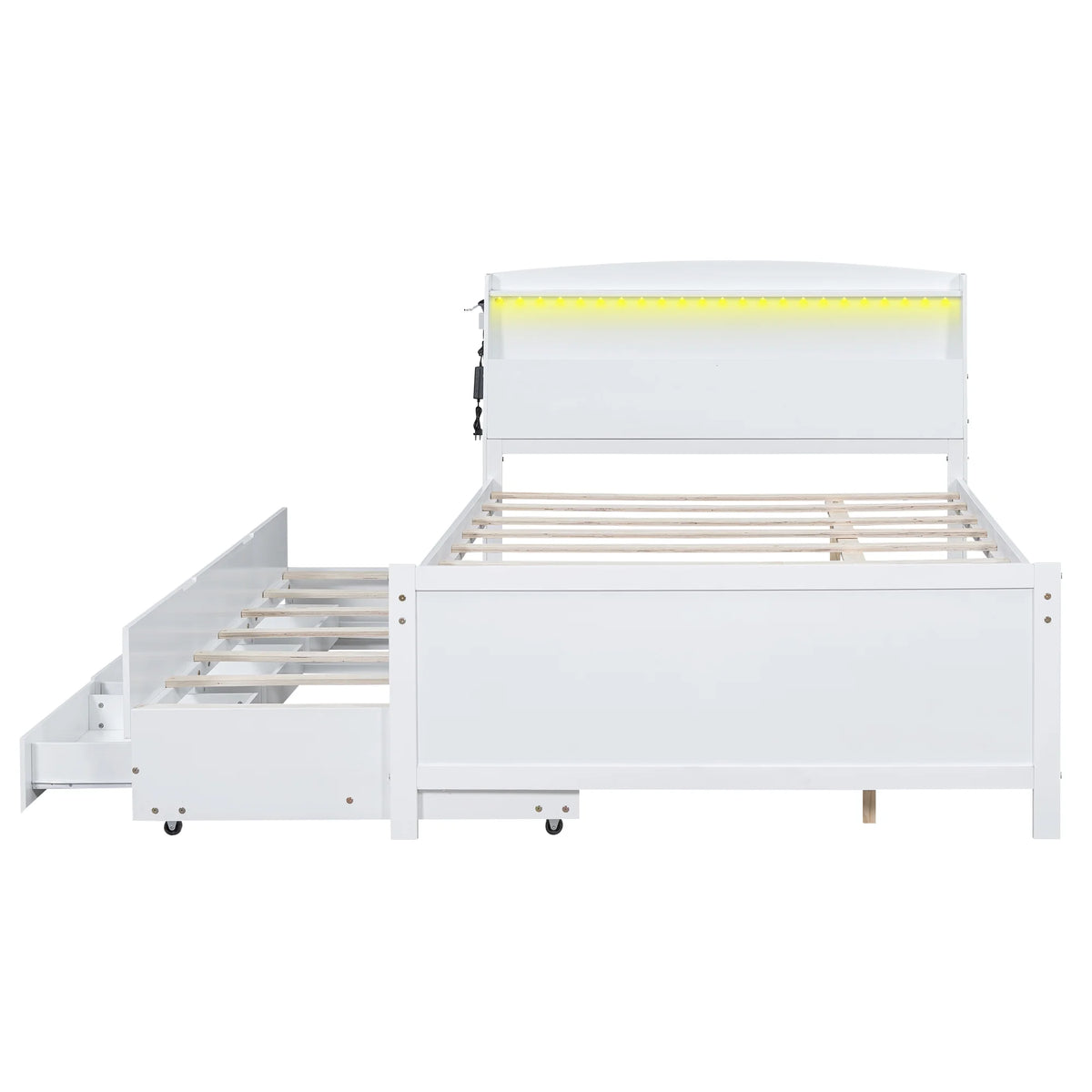 Euroco Wood Twin Size Platform Bed with Storage Headboard, Drawers Trundle and LED Light, White
