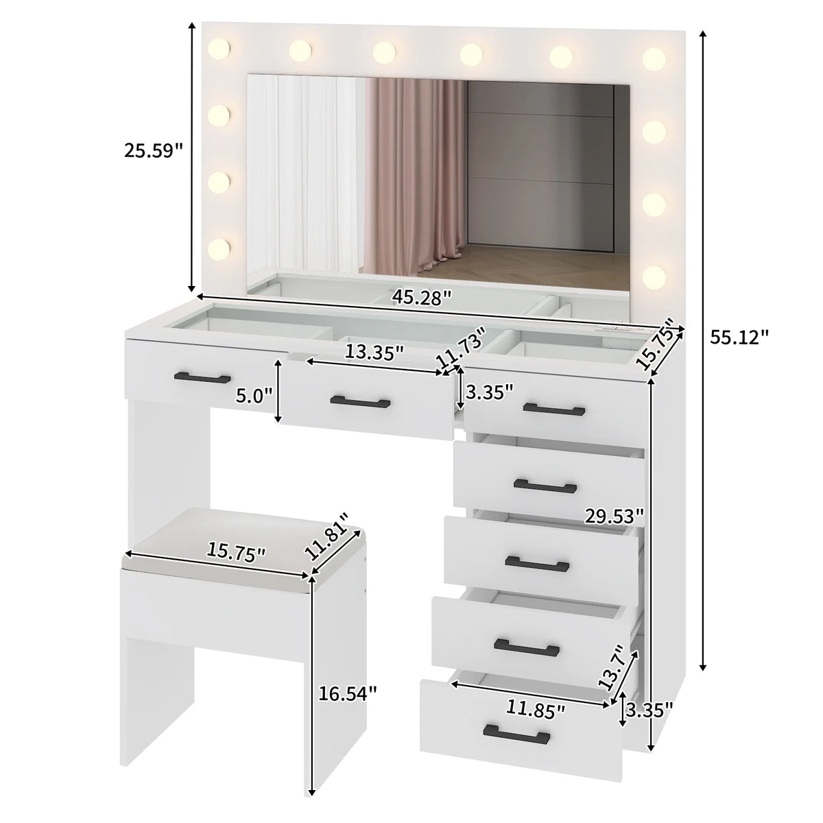 Ktaxon Large Makeup Vanity, Vanity Table Set w/ Visible Glass Top w/ Charging Station, White