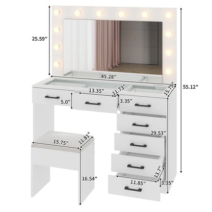 Ktaxon Large Makeup Vanity, Vanity Table Set w/ Visible Glass Top w/ Charging Station, White