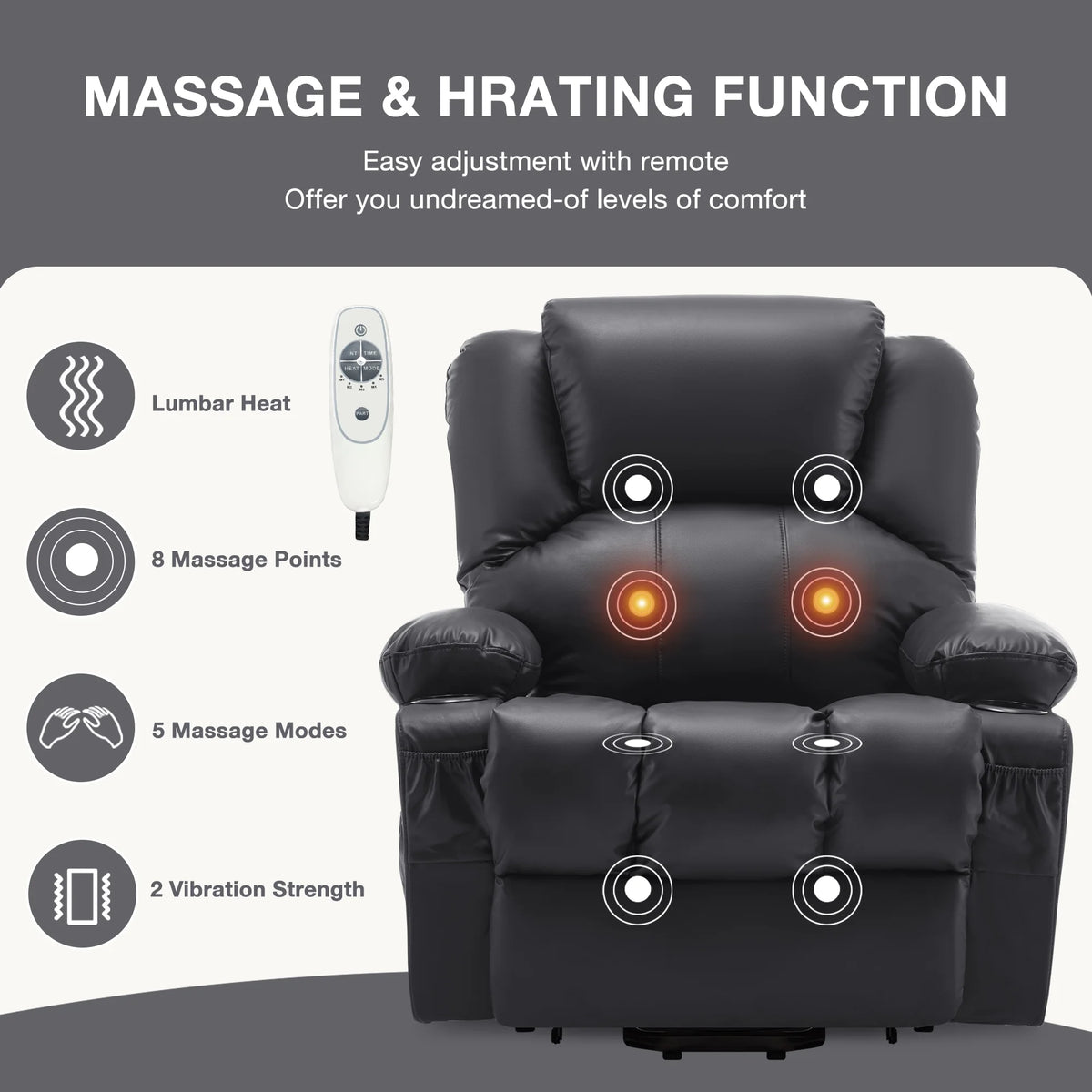 JONPONY Power Lift Recliner Chair Recliners for Elderly with Heat and Massage Recliner Chair for Living Room with Infinite Position and Side Pocket,USB Charge Port,Black