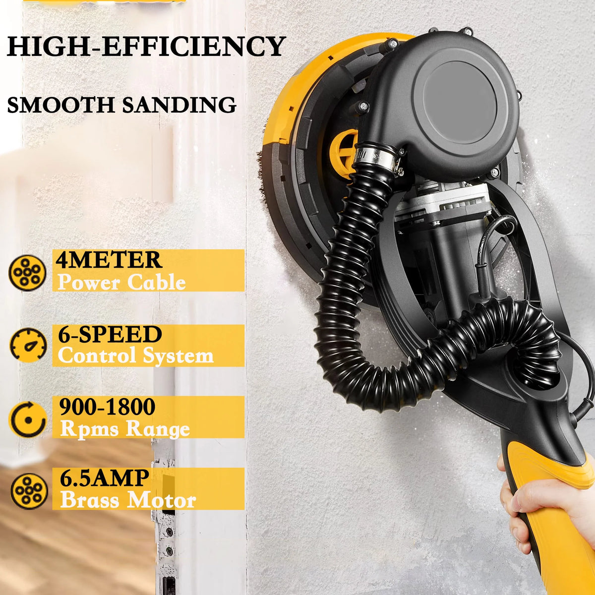 POVANLI 780W Electric Drywall Sander with Vacuum Dust Collection, 6.5A Motor Dustless Floor Sander with Variable Speed 900-1800RPM, LED Light, Extendable & Foldable Handle Yellow+Black