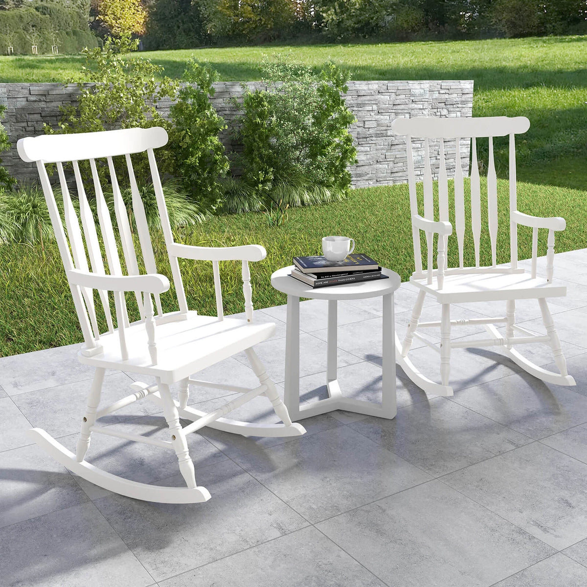Costway Solid Wood Rocking Chair Porch Rocker Indoor Outdoor Seat Glossy Finish White