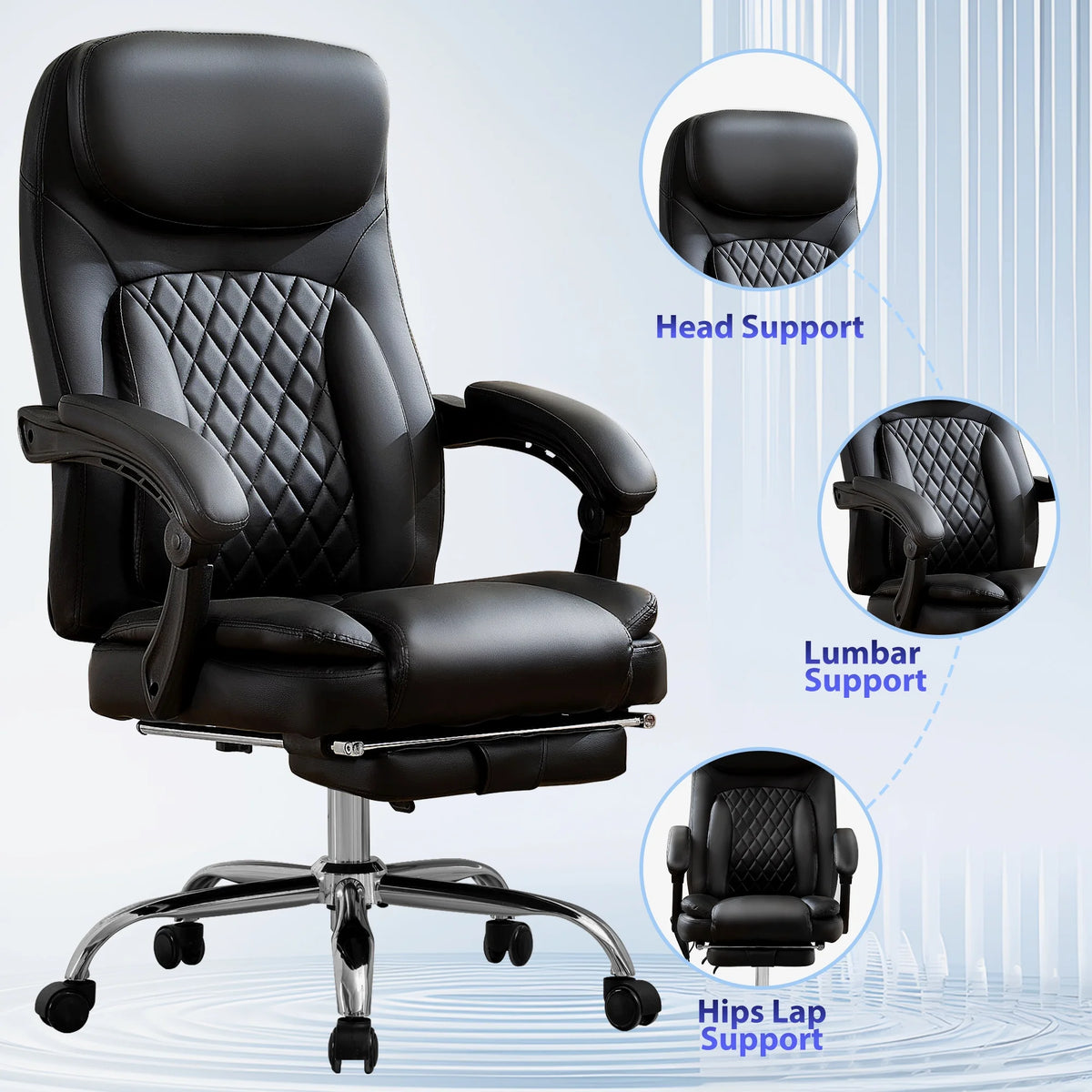 JONPONY Big and Tall Office Chair 500LBS Executive Office Chair Massage and Footrest Ergonomic Computer Desk Chair Reclining High Back Leather Office Chair Lumbar Back Support Swivel Rolling,Black