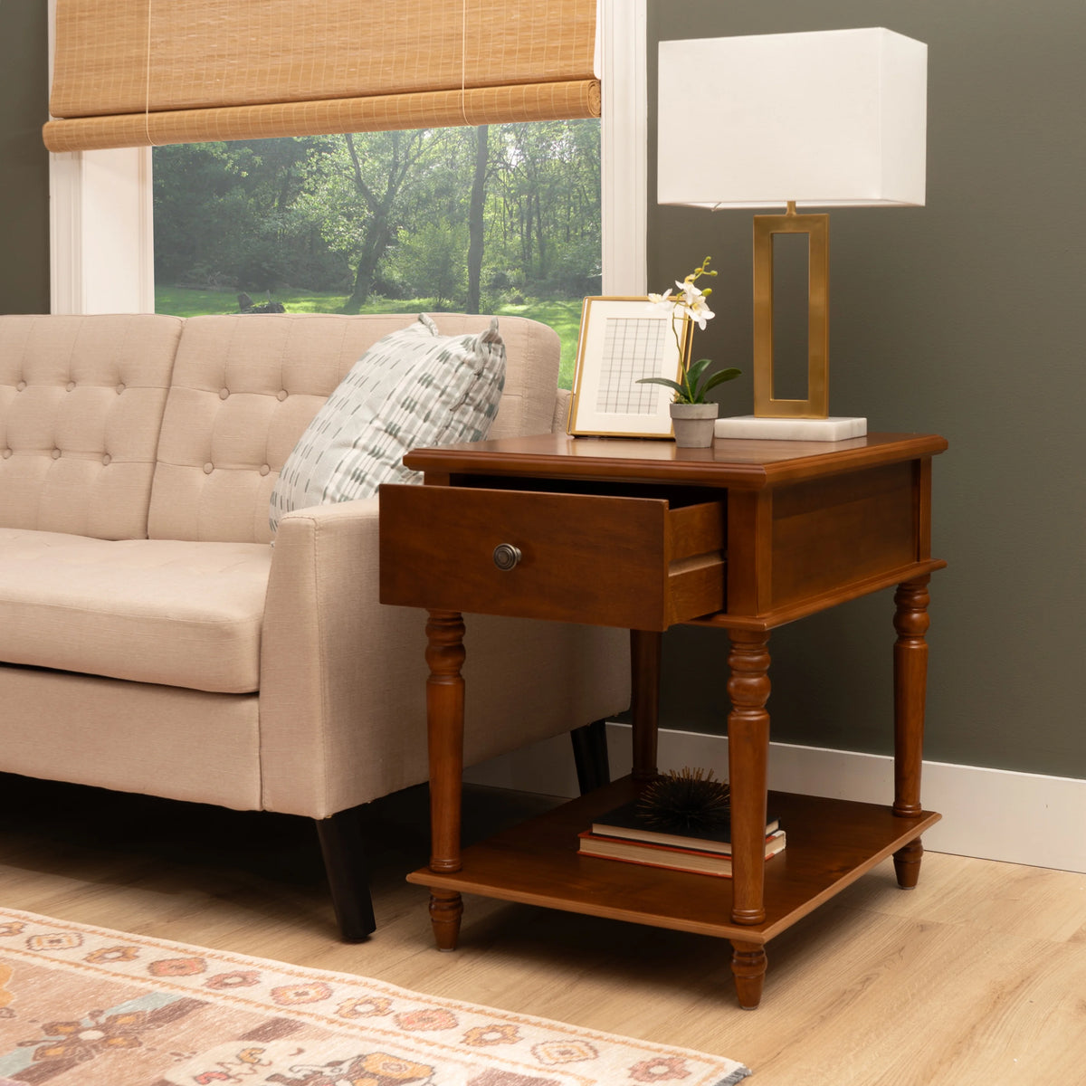 Powell McGhie Single Drawer Indoor End Table with Shelf, 26" Tall, Natural