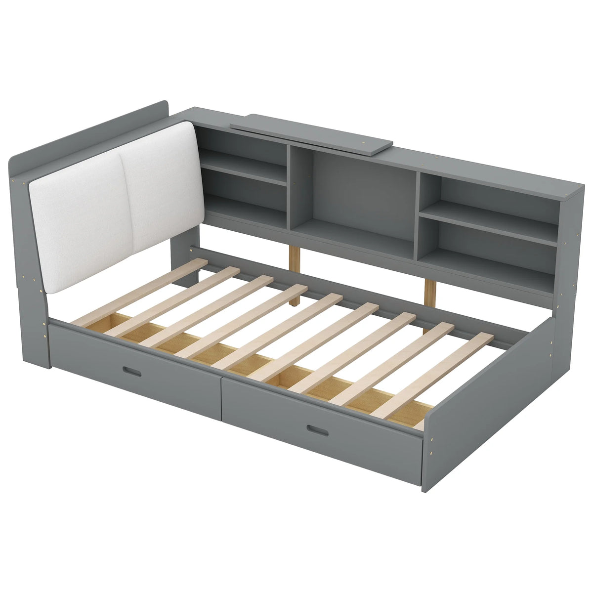 Euroco Wood Twin Size Platform Bed with Storage Headboard and Shelves, 2 Drawers Floor Bed for Kids, White