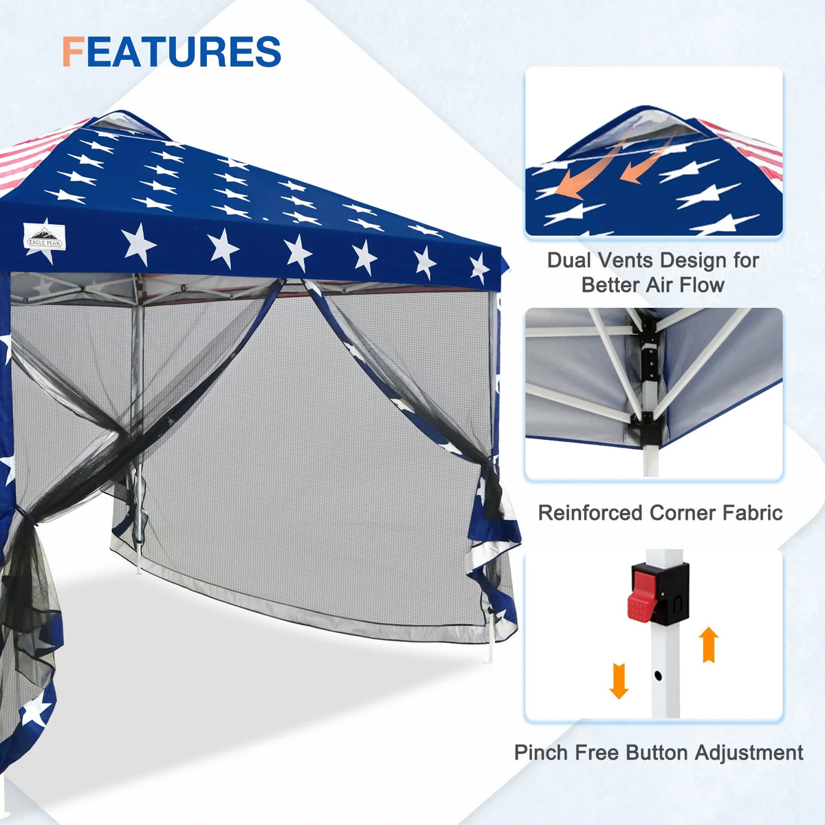 EAGLE PEAK 10 x 10 Outdoor Easy Pop up Canopy with Netting, Instant Screen Party Tent with Mesh Side Walls, American Flag