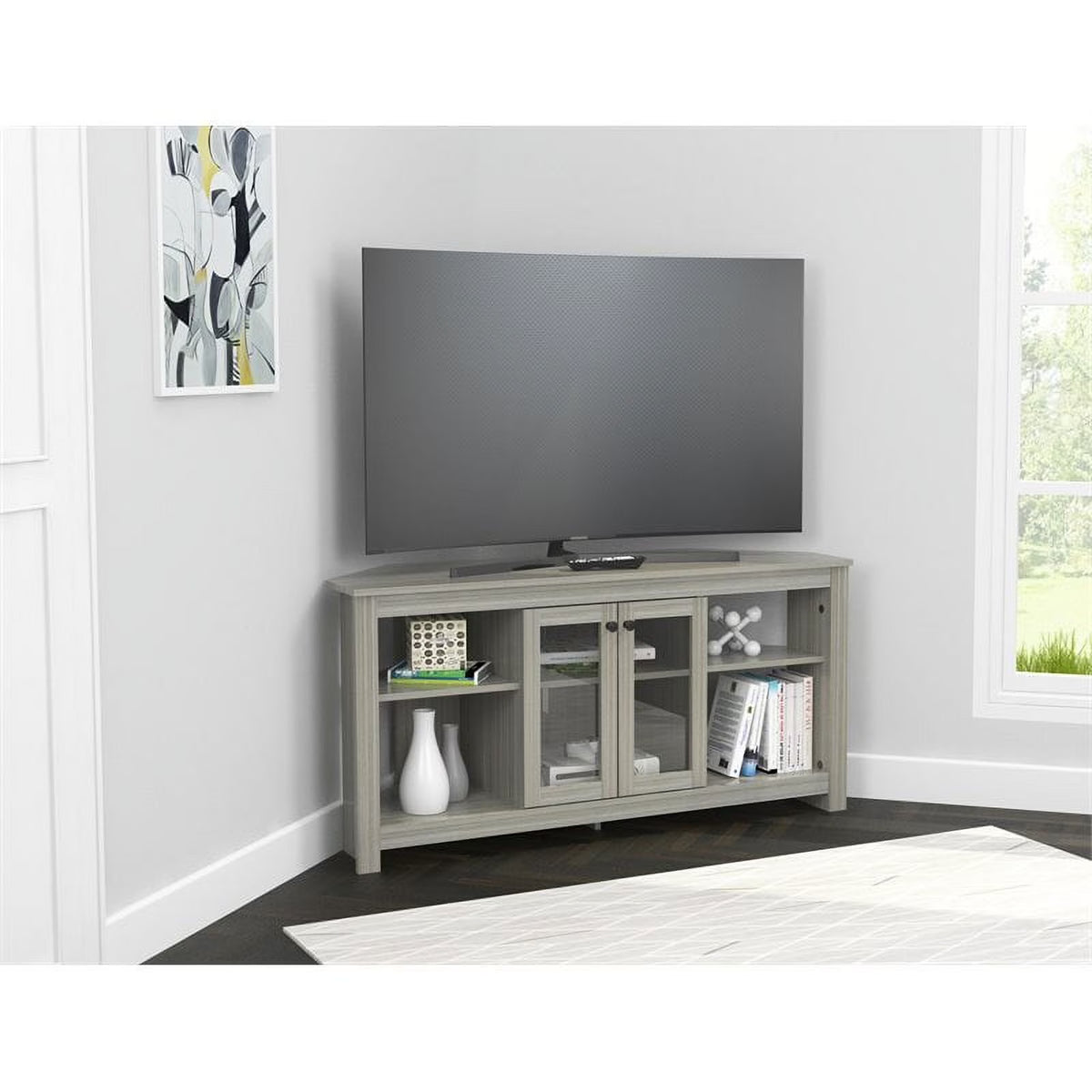 Inval Corner Laminate 60�� TV Stand with Glass Doors, White